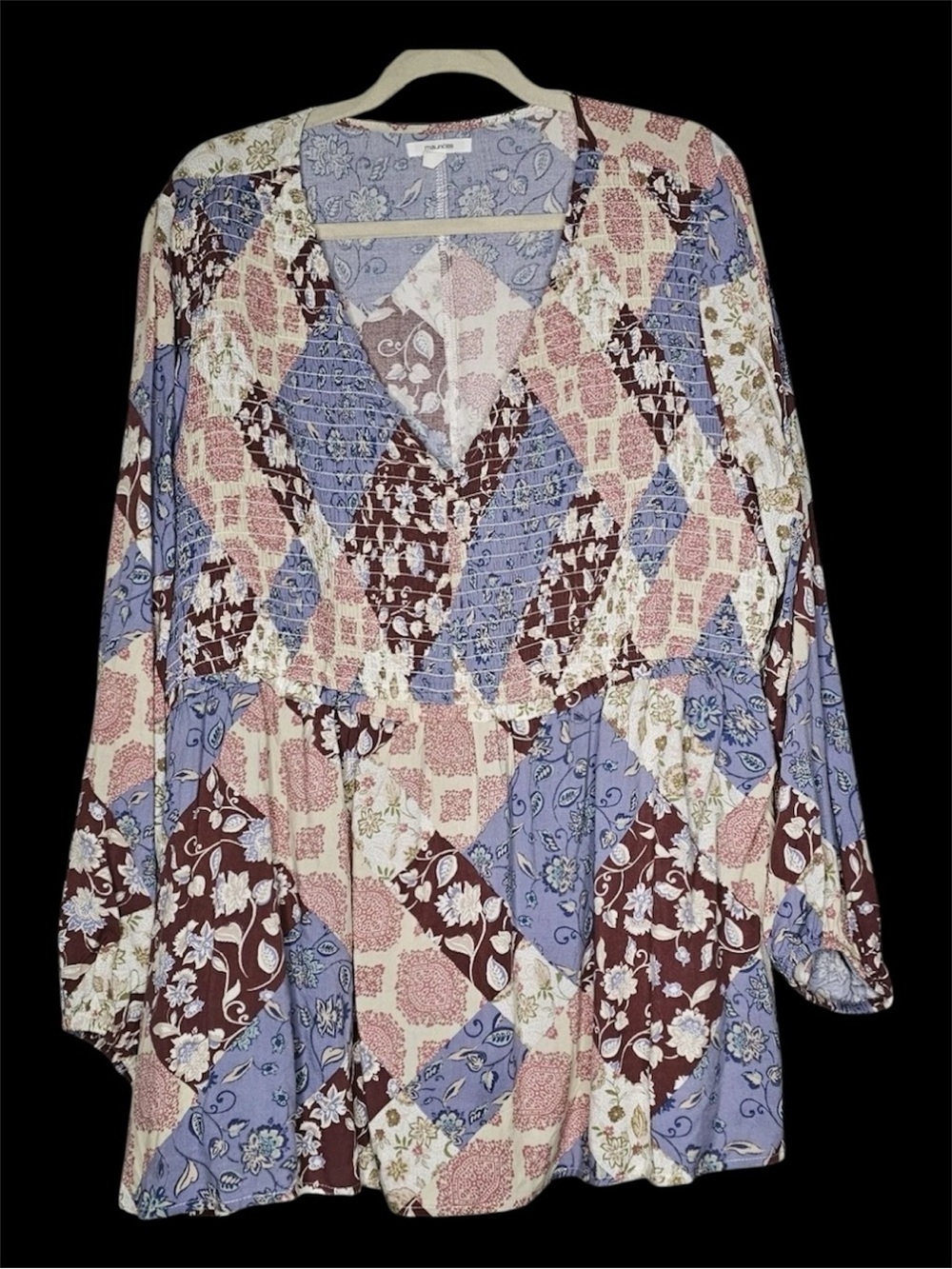 Maurices Patchwork Floral Tunic in Lavender, Brown, Cream